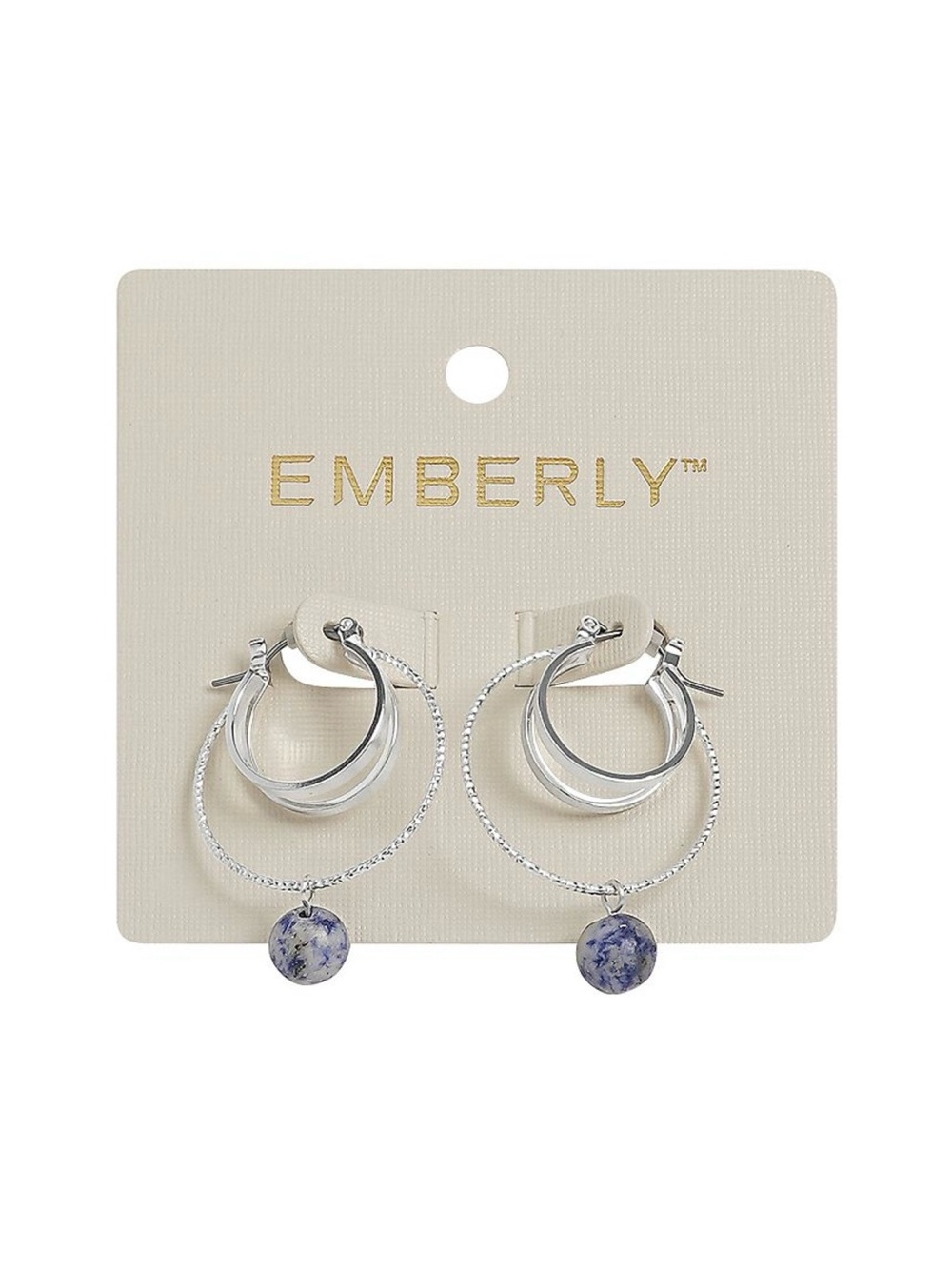 Silver Hoop Earrings with Blue Stone Dangles